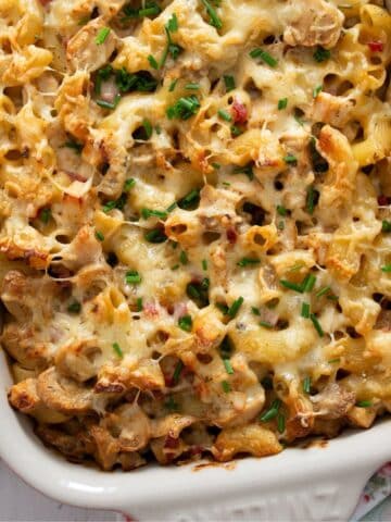 leftover chicken pasta bake in a baking dish.