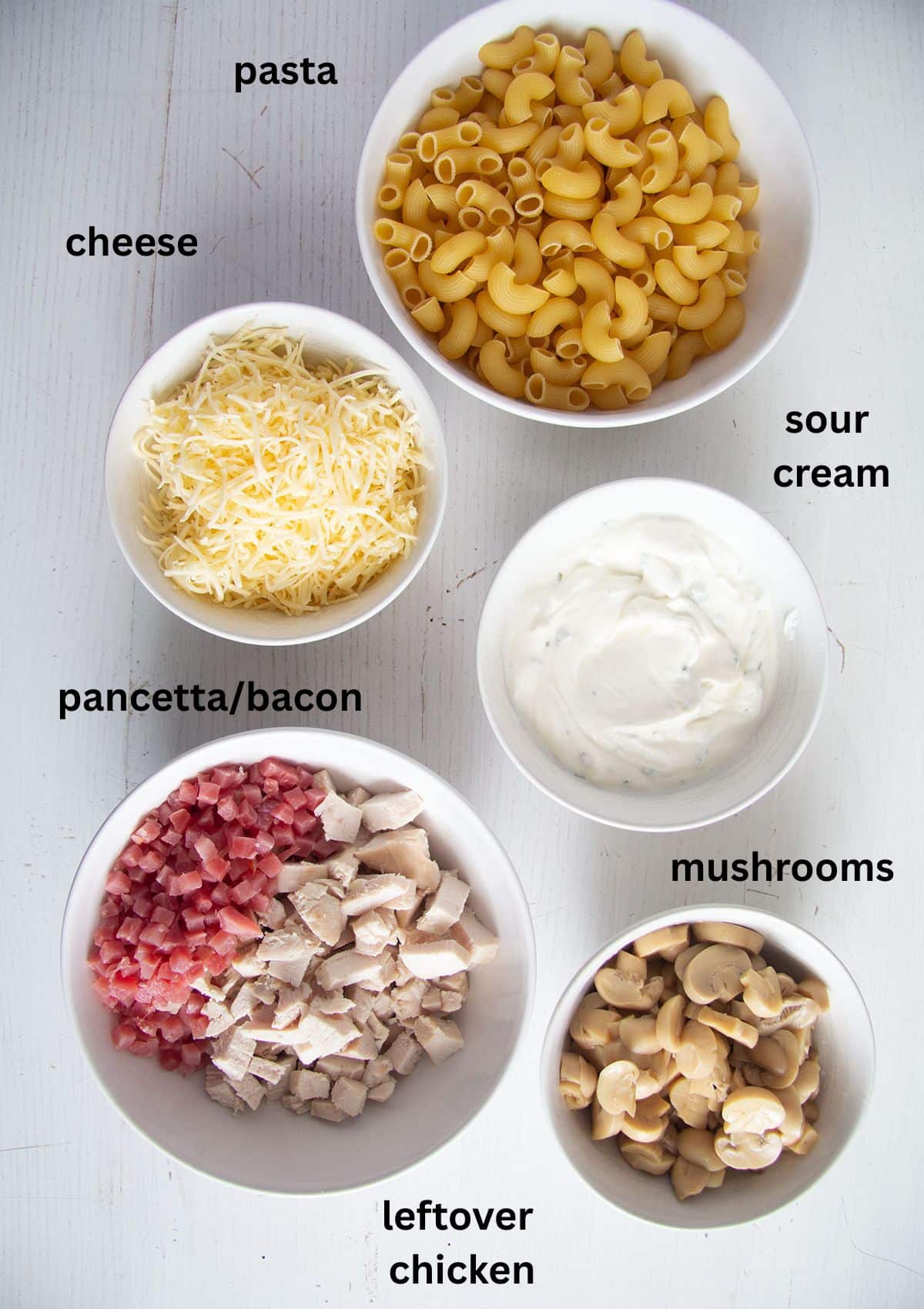 labeled ingredients for making bake with chicken, bacon, cheese, pasta and mushrooms.