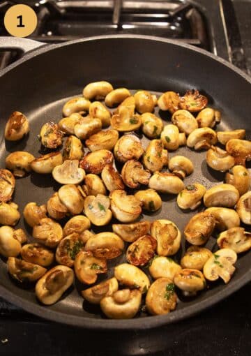 sauteing mushrooms in a pan.