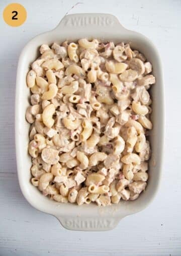 unbaked pasta bake in a baking dish.