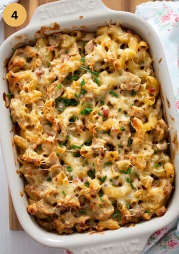 baked casserole with chicken, pasta, and cheese.
