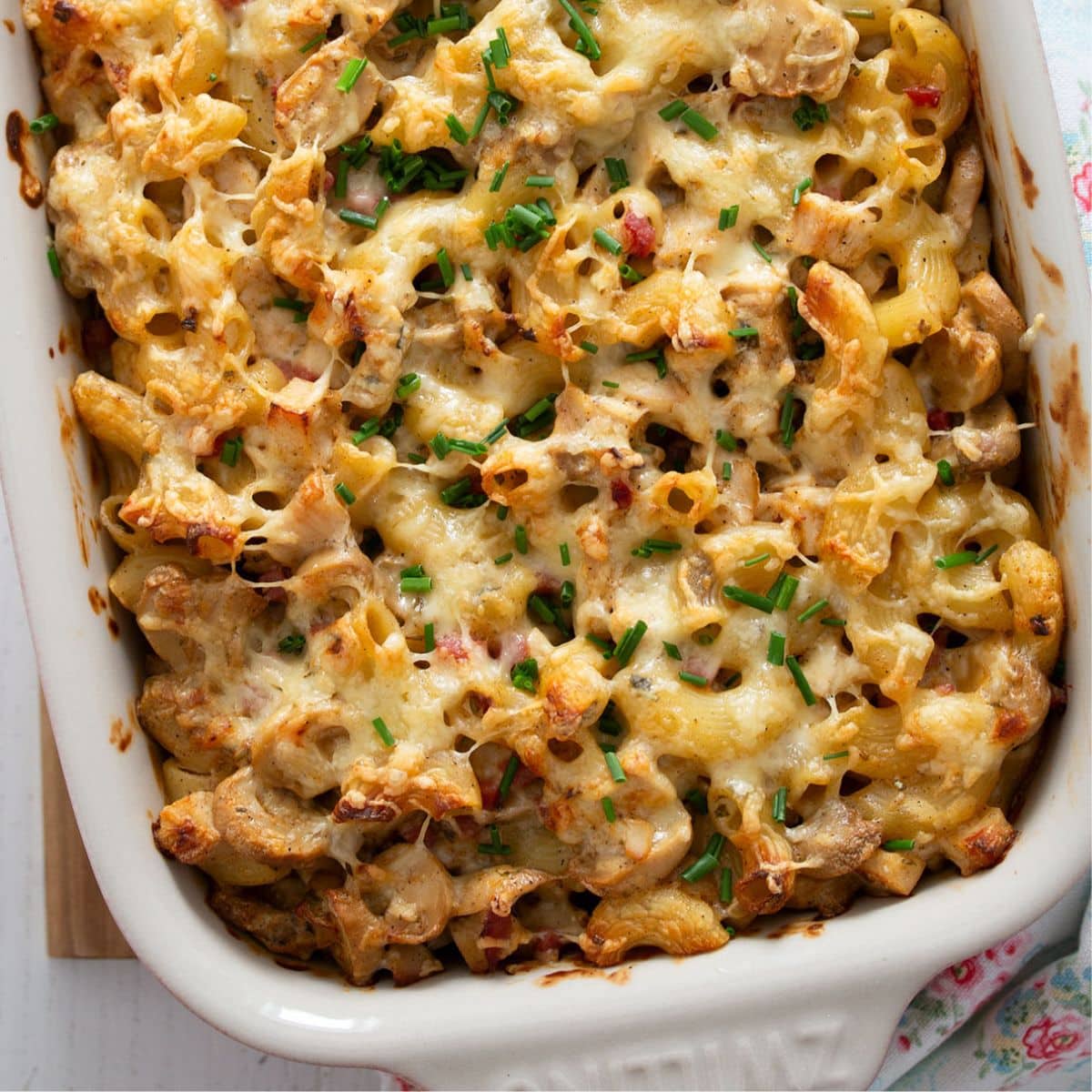 leftover chicken pasta bake in a baking dish.