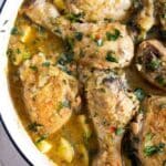 pinterest image with title of salsa verde chicken in a pot.