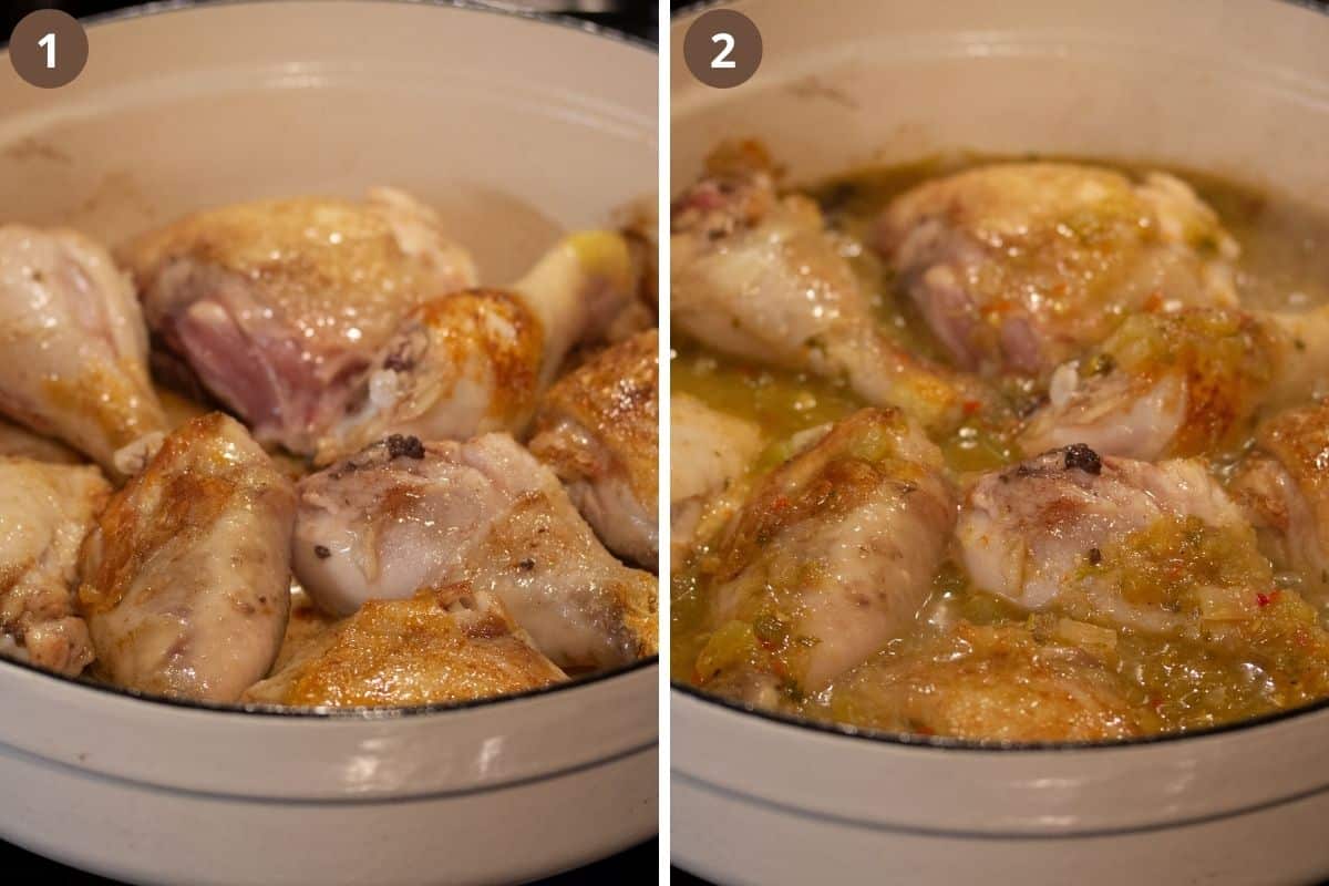 collage of two pictures of browning chicken parts in a white pot and adding sauce.