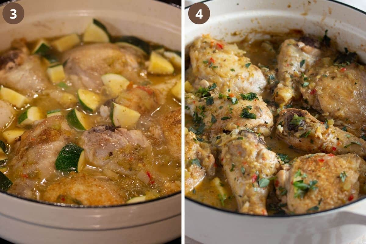 collage of two pictures of cooking chicken and zucchini and then the finished dish.
