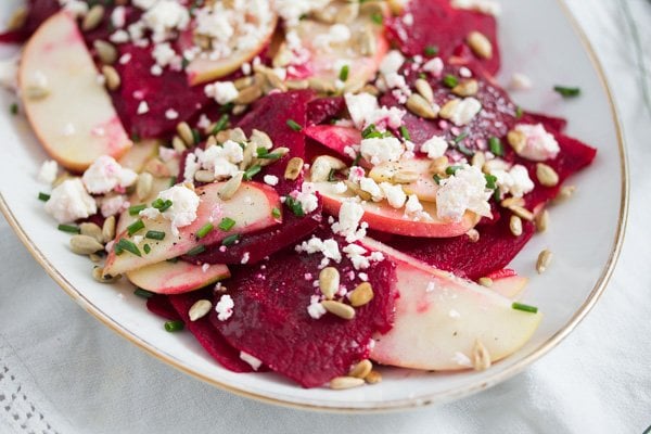 raw beet salad with feta on a platter