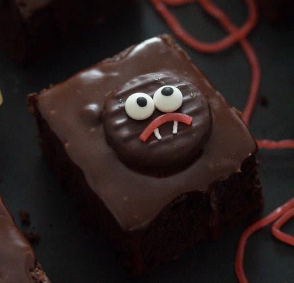 hallloween brownie with a monster cookie on top 