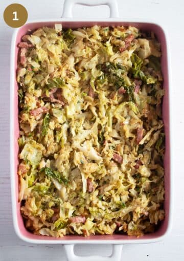 the filling for cabbage and potato bake with bacon in a baking dish before covering with cheese.