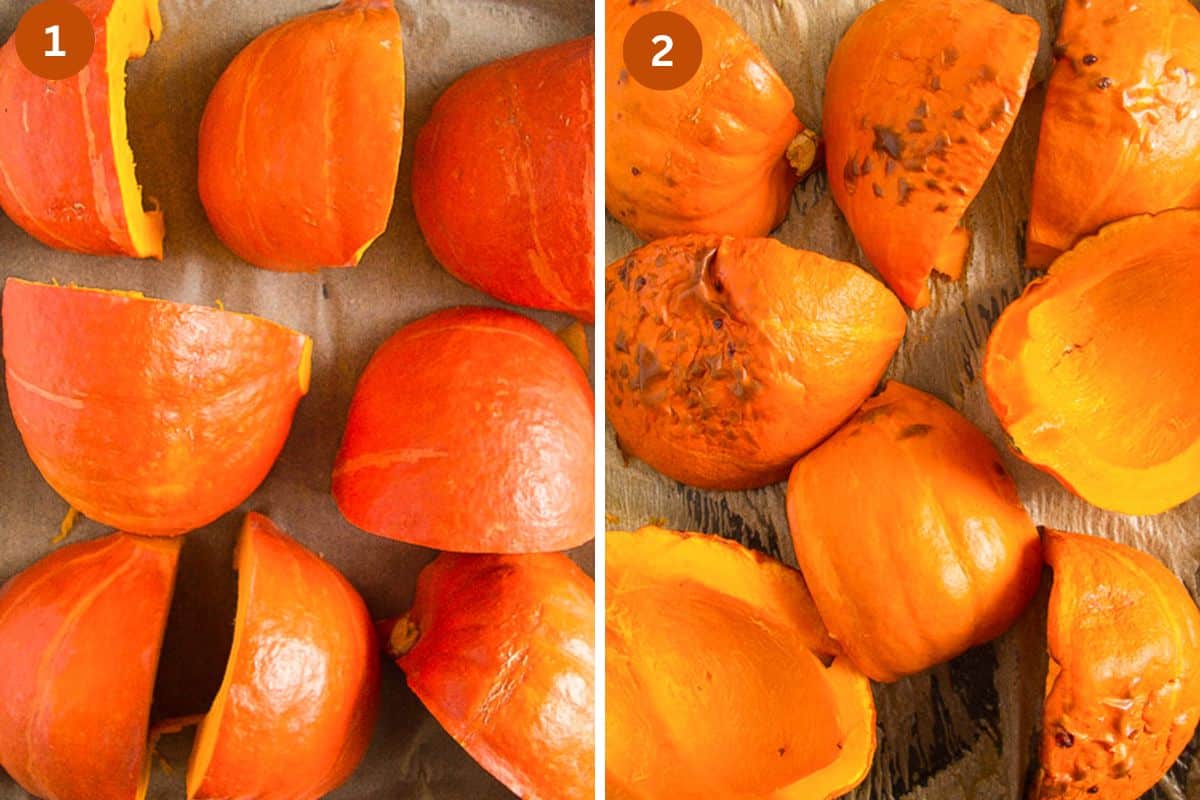 collage of two pictures of large pumpkin pieces before and after roasting. 