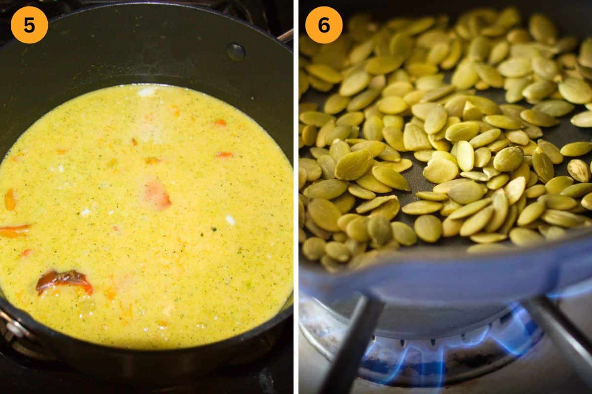 collage of two pictures of adding coconut milk to soup and frying pepitas in a pan.