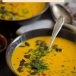 pinterest image with title for vegan soup with roasted pumpkin.