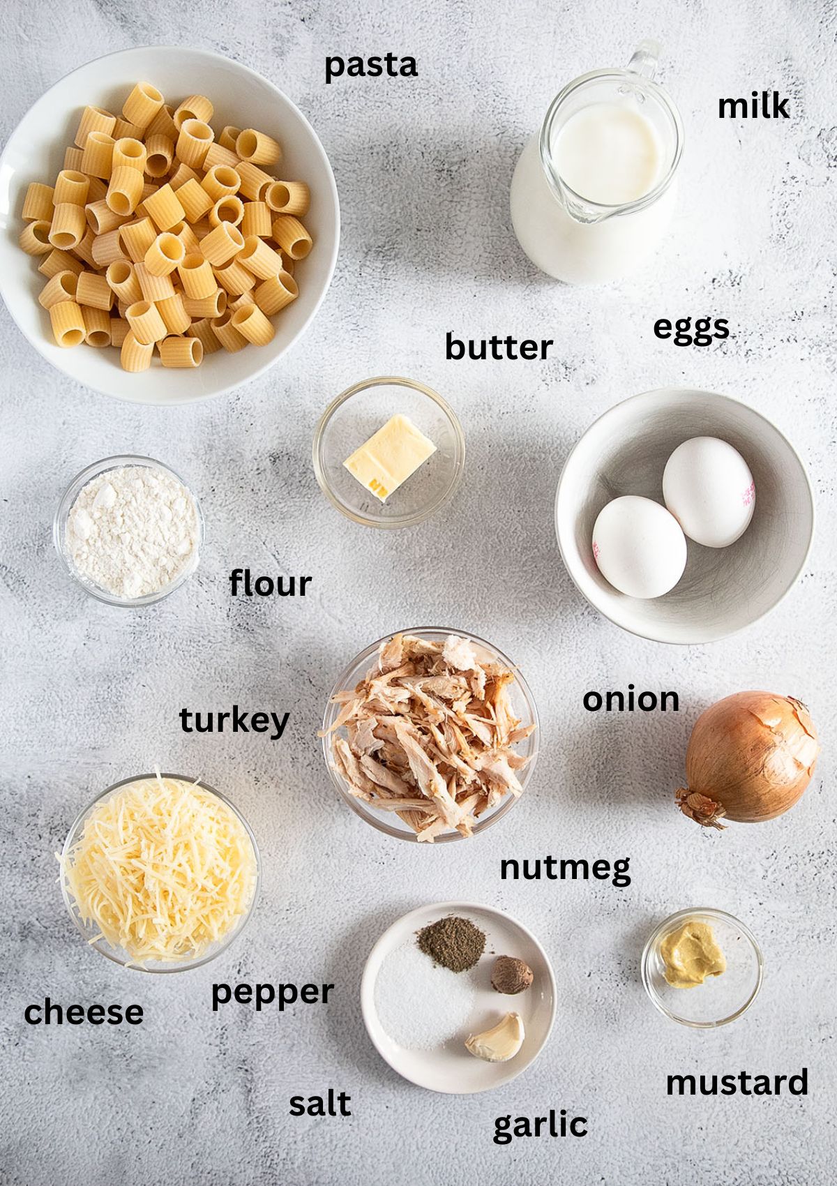 listed ingredients for making a casserole with turkey, pasta, eggs, cheese and white sauce.