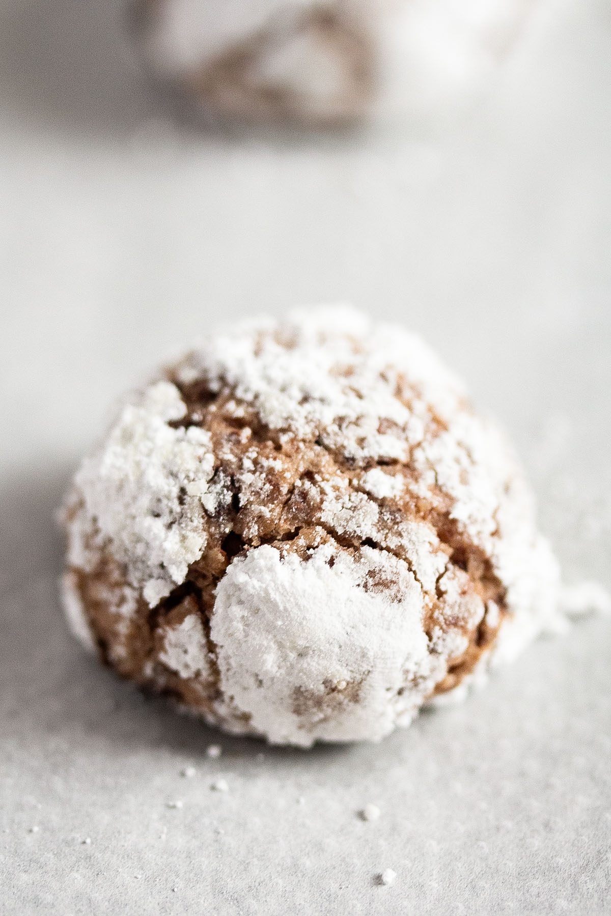 one crinkled cookie dusted in icing sugar on a white surface.
