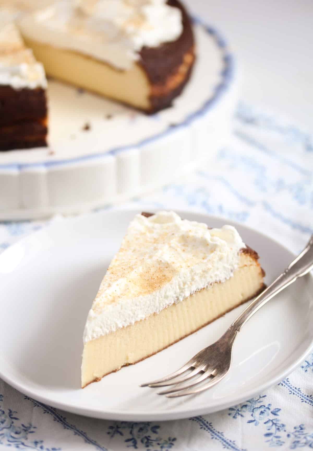 slice of cheesecake on a small white plate with a fork.