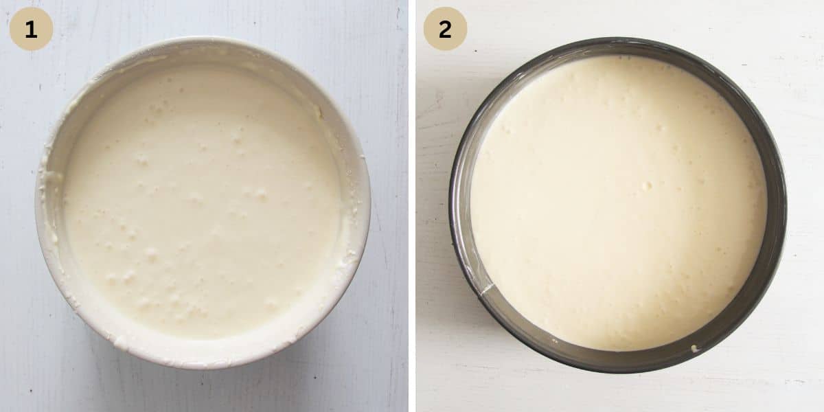 collage of two pictures of stirring cheesecake batter and pouring it in springform.