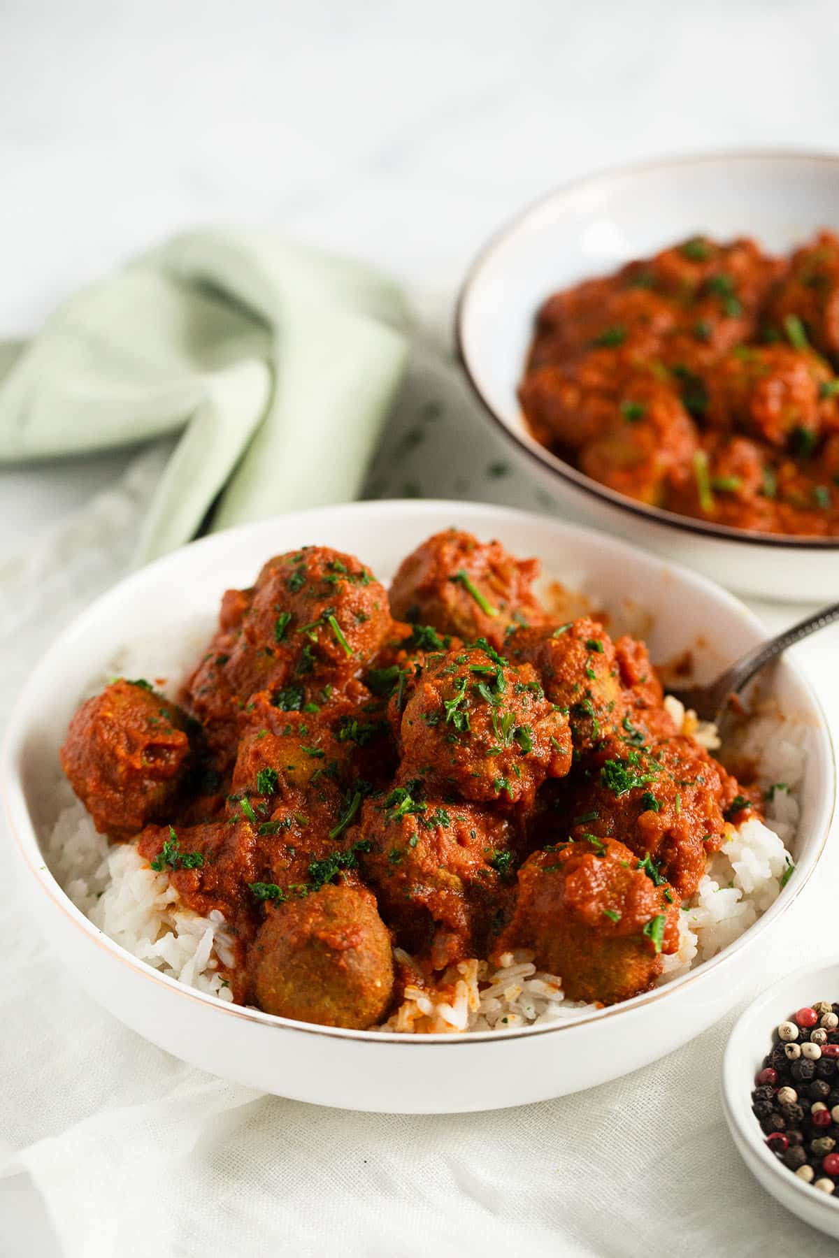 turkey meatballs in curry sauce served on rice.