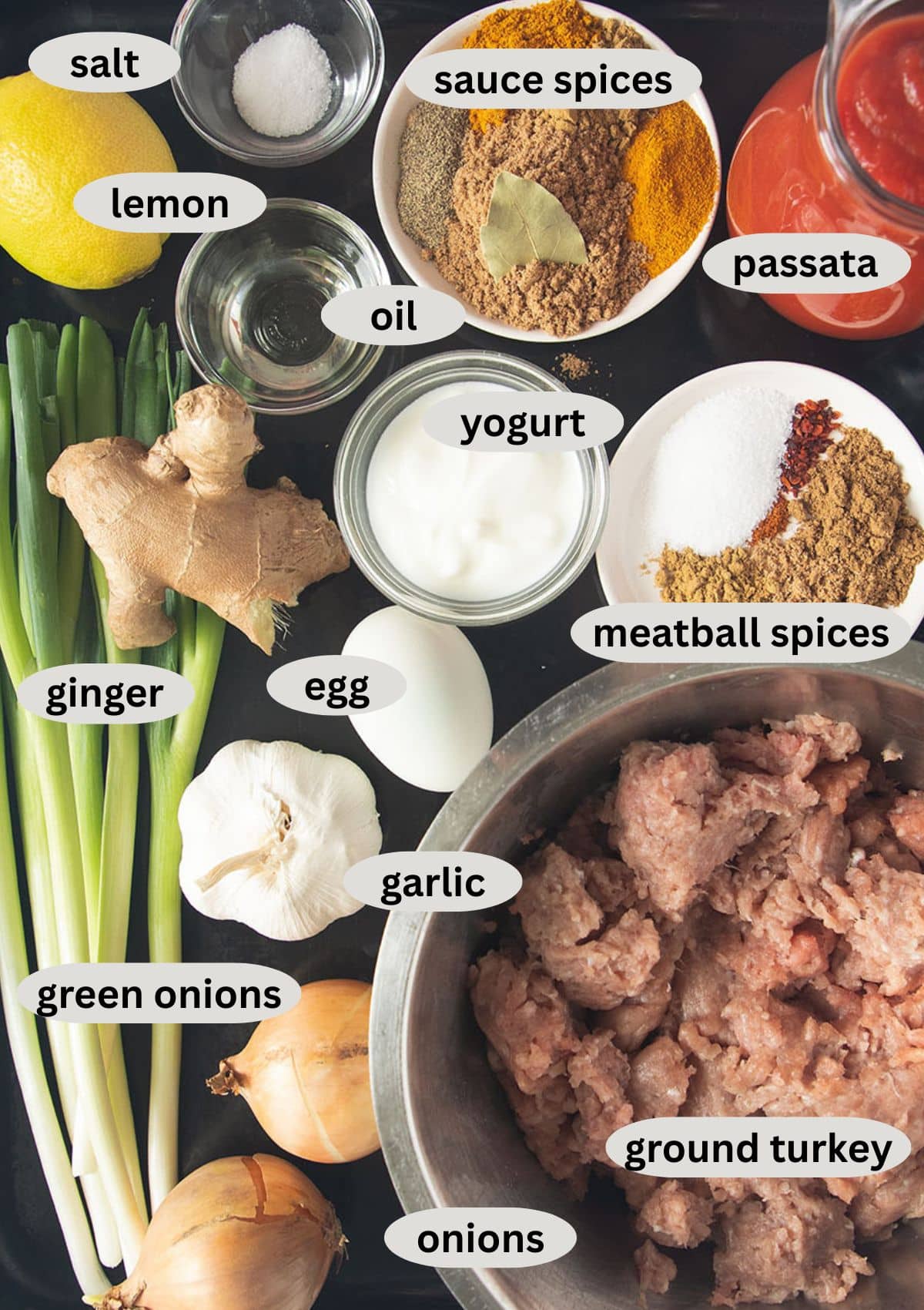 labeled ingredients for making turkey meatballs in curry sauce.