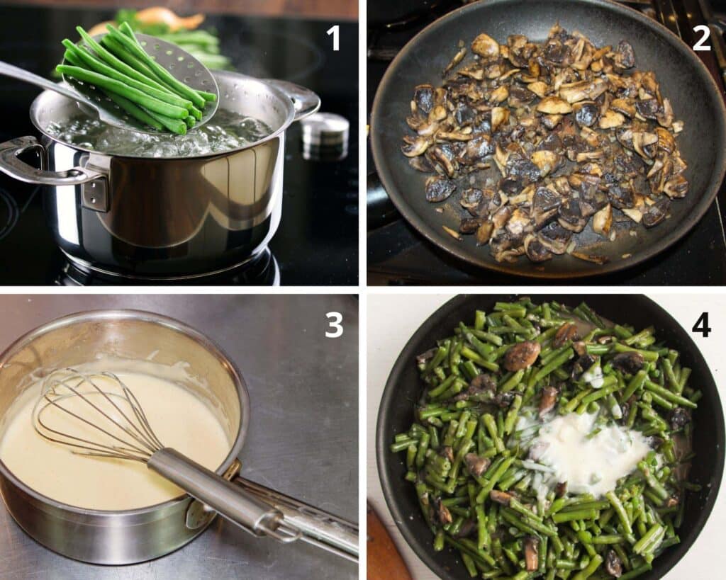 collage of four pictures of cooking green beans, frying mushrooms, making roux and mixing everything.