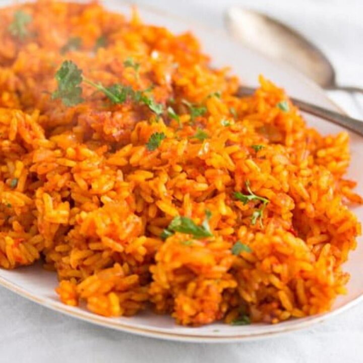 spicy nigerian jollof rice on a serving platter