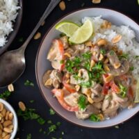 peanut butter chicken curry in a bowl over rice with a spoon beside