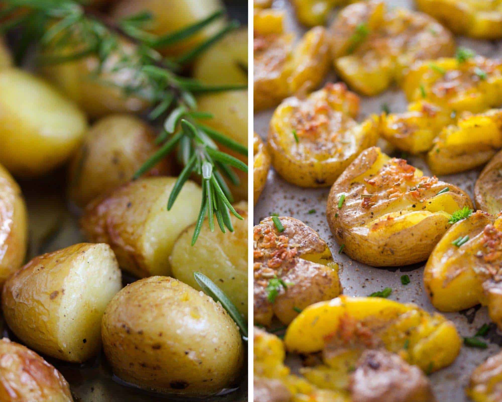 collage of two pictures of confit potatoes and smashed potatoes.