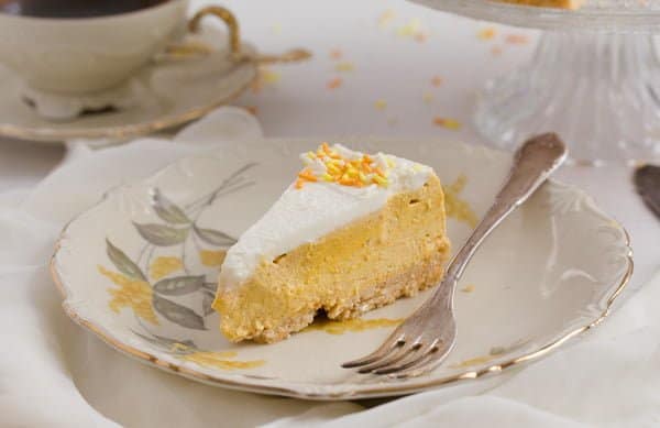 slice of creamy pumpkin cheesecake no bake