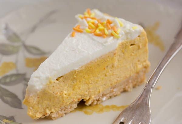slice of creamy pumpkin cheesecake no bake