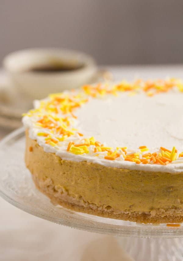 no bake pumpkin cheesecake with orange sprinkles on top