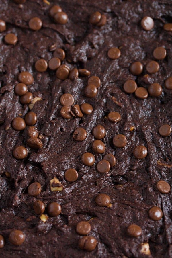 close up sweet potato brownies with chocolate chips