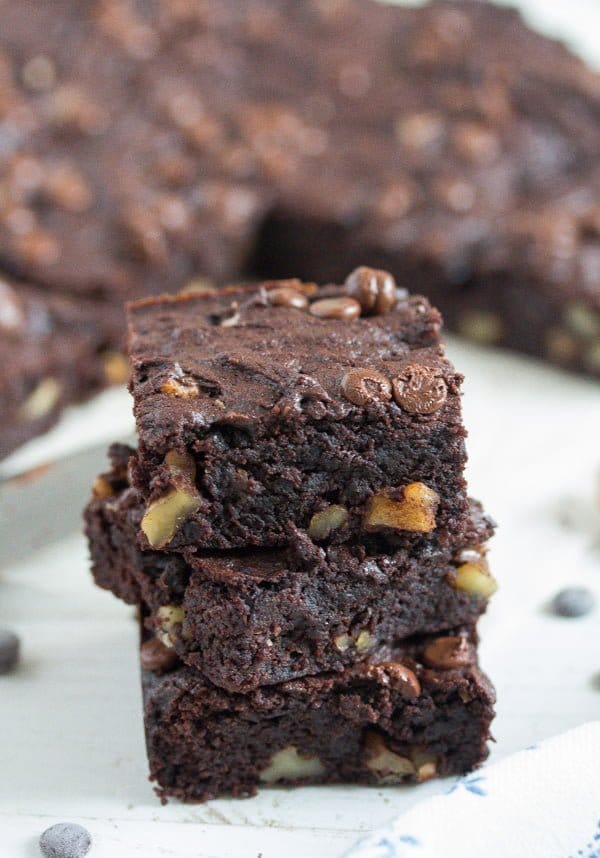 stack of sweet potato brownies with walnuts
