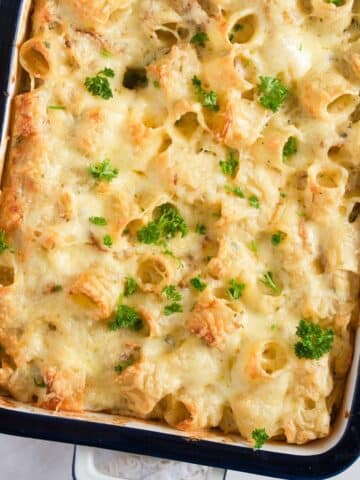 golden baked turkey pasta casserole in a small baking dish close up.