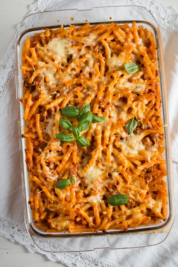 bolognese pasta bake in a casserole dish