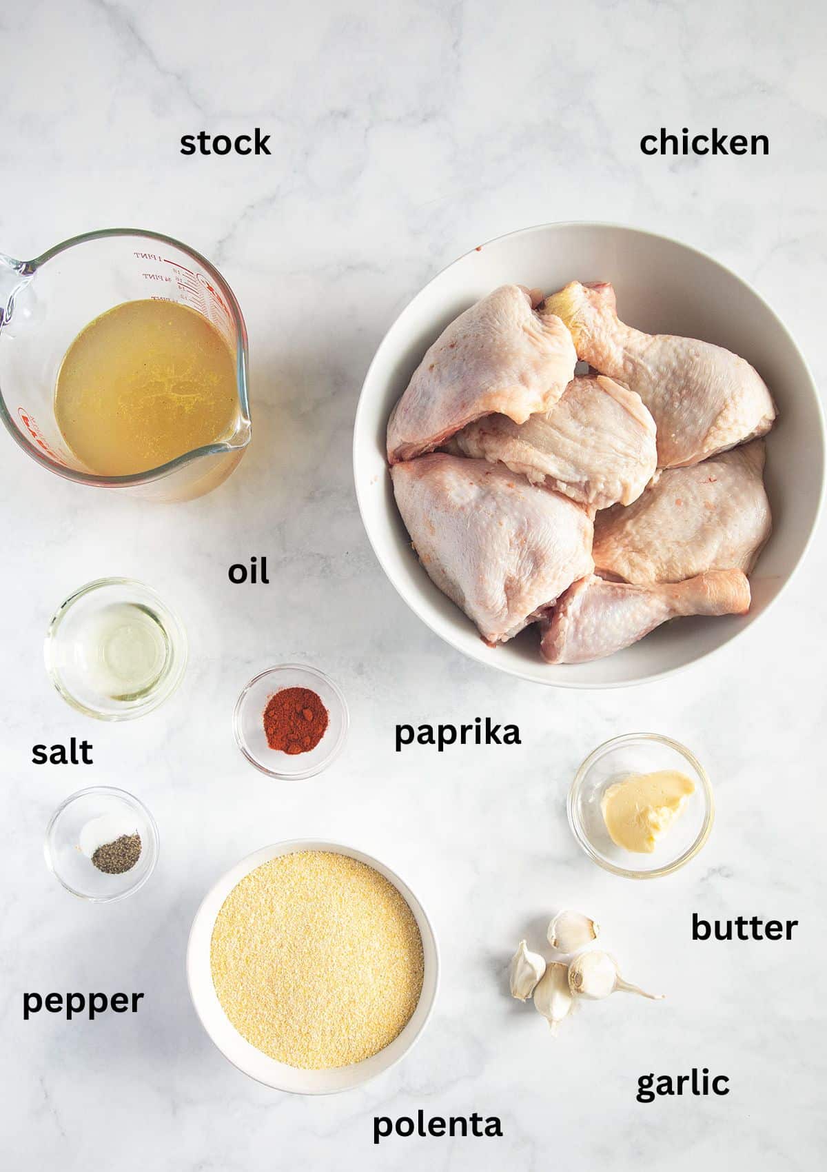 labeled ingredients for making polenta with chicken.