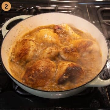 adding chicken stock to chicken pieces in a pot.