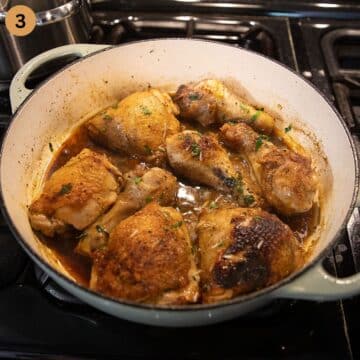 chicken thighs and drumsticks in a large dutch oven.