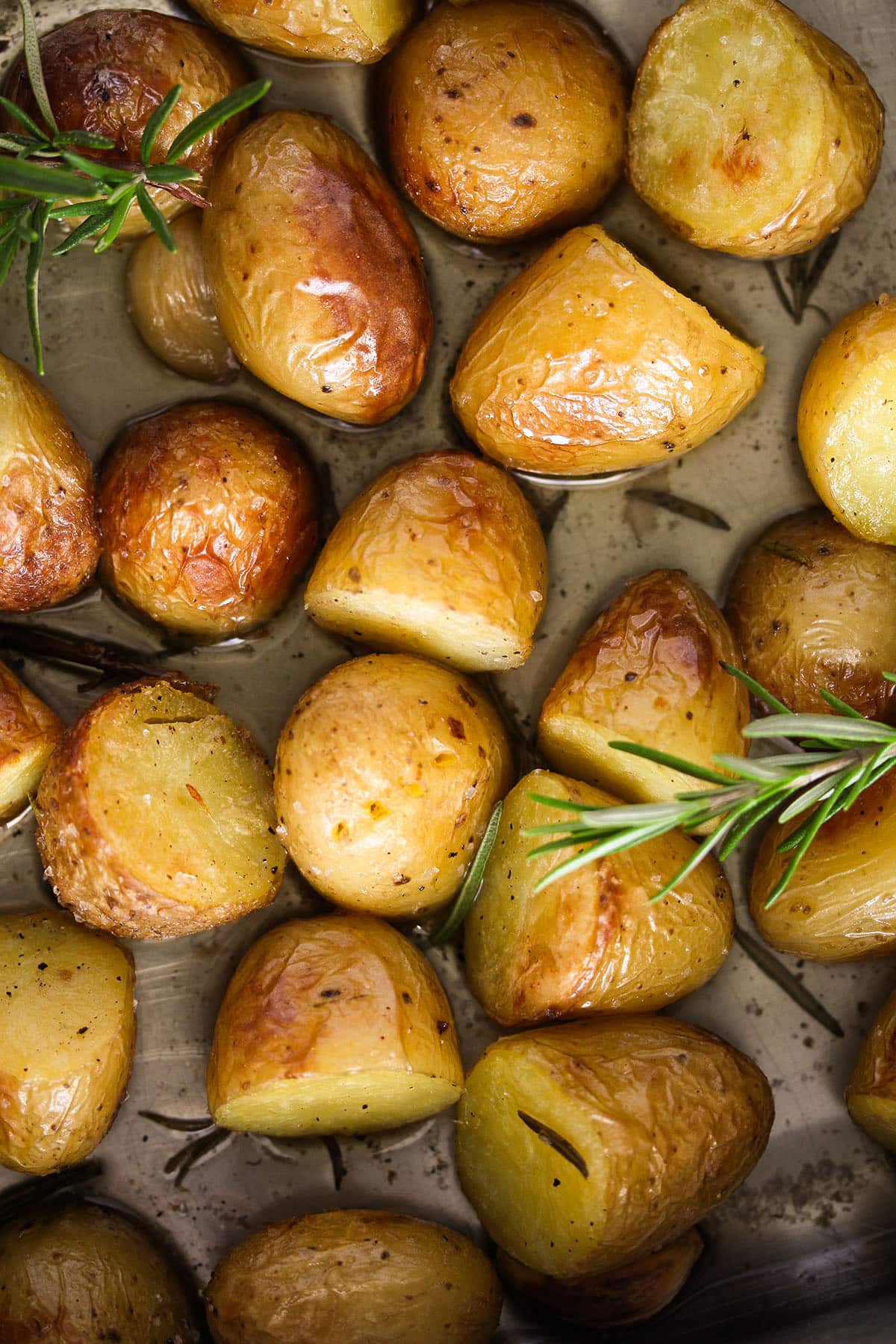 crispy confit potatoes with garlic and rosemary sprigs in a roasting pan.