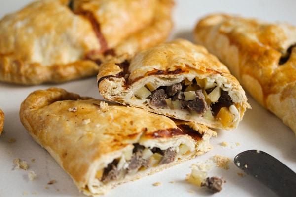 split cornish pasty with beef filling
