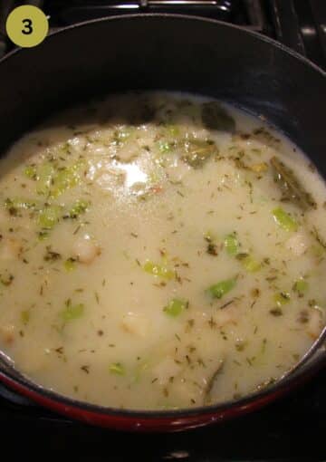 add milk and stock to vegetables to make soup.