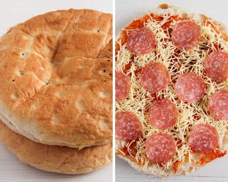 topping flatbread pizza with pepperoni and cheese
