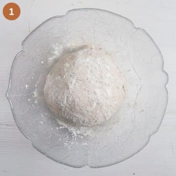 bread dough sprinkled with flour in a bowl before rising.