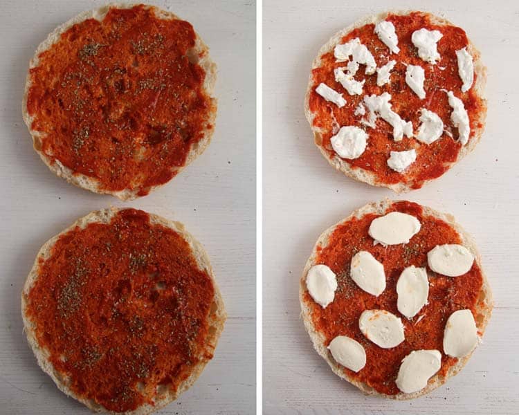 topping flatbread pizza with mozzarella