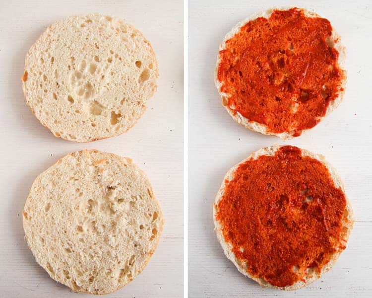 topping flatbread with pasta sauce for flatbread pizza