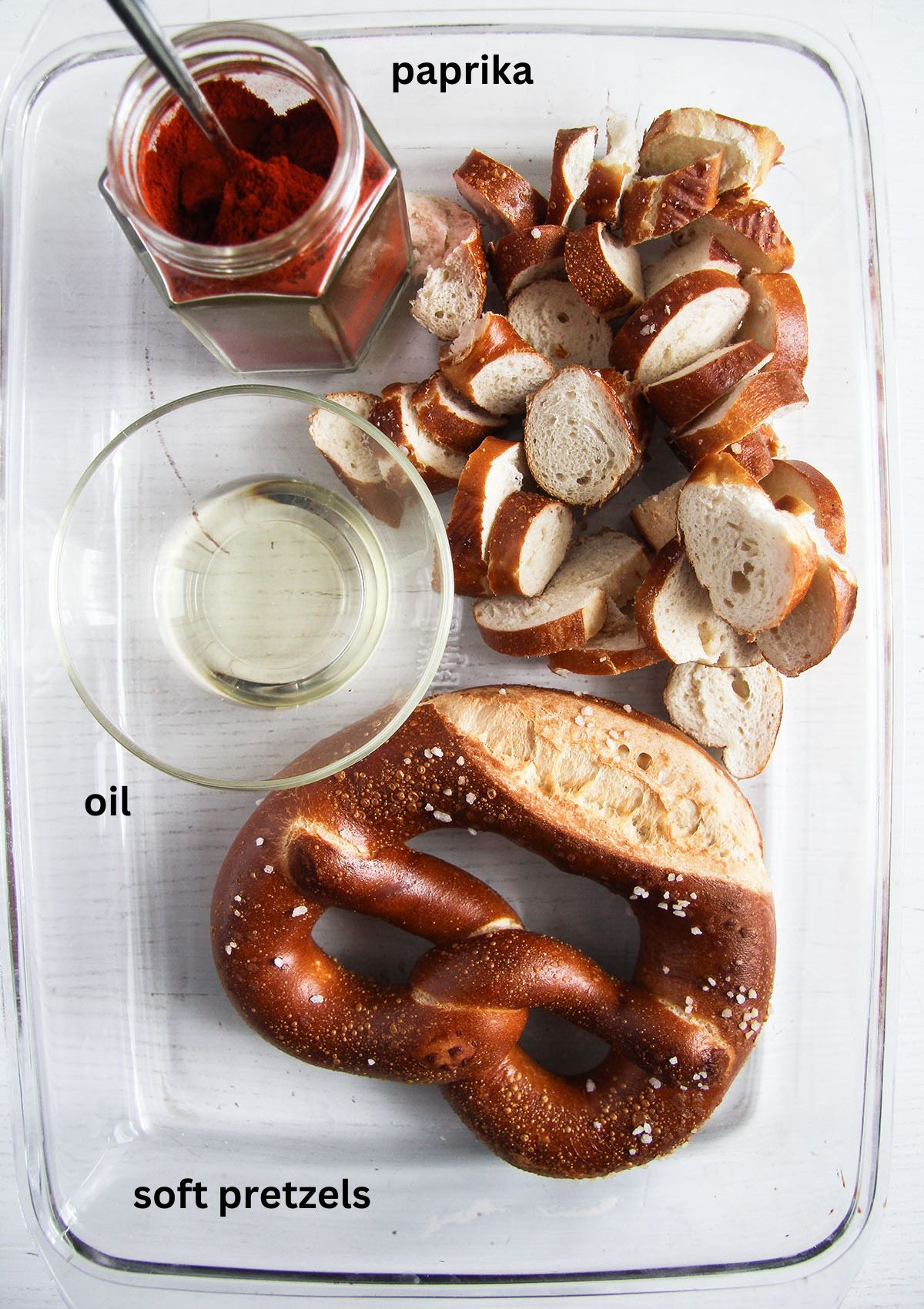 labeled ingredients for chips with soft pretzels, paprika, and oil.