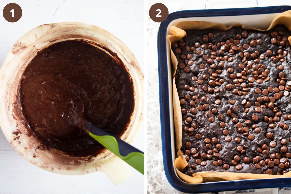 collage of two pictures of brownie batter in a bowl and brownies in a pan.