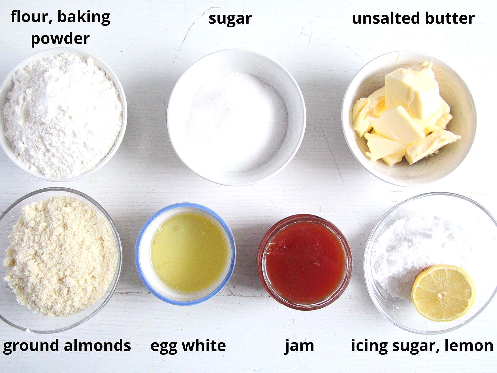ingredients needed for spitzbuben cookies in small bowls