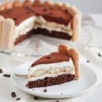 sliced tiramisu torte on a plate and the rest of the cake behind it.