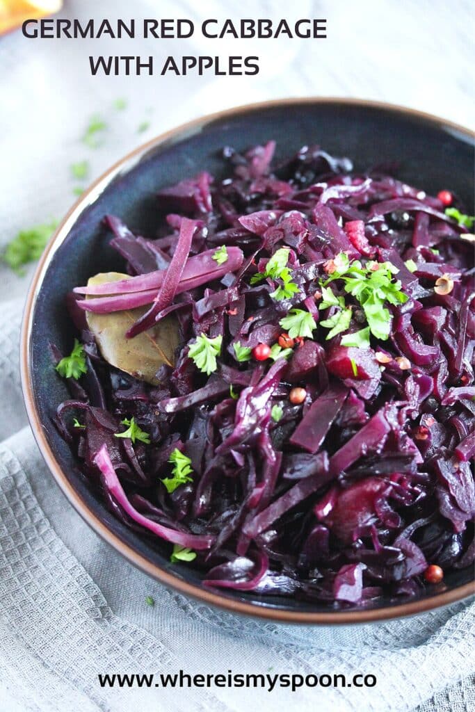 dark bowl with purple cabbage and herbs