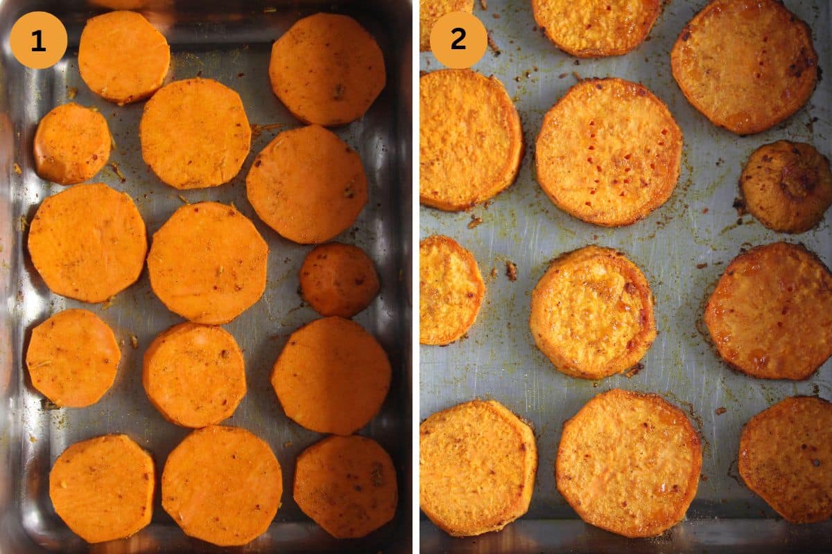 collage of two pictures of sweet potato slices before and after baking.