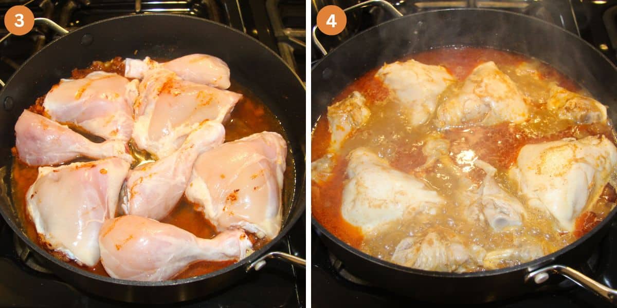 collage of two pictures of cooking skinless chicken legs and adding broth.