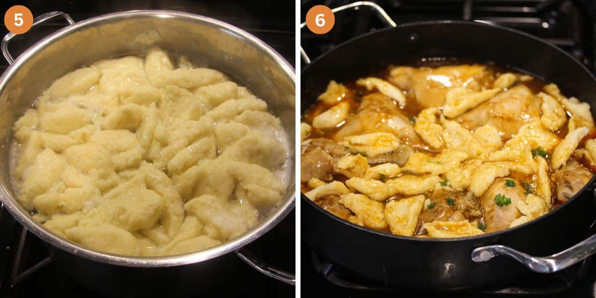 collage of two pictures of cooking flour dumplings in a pot and adding them to paprikash.